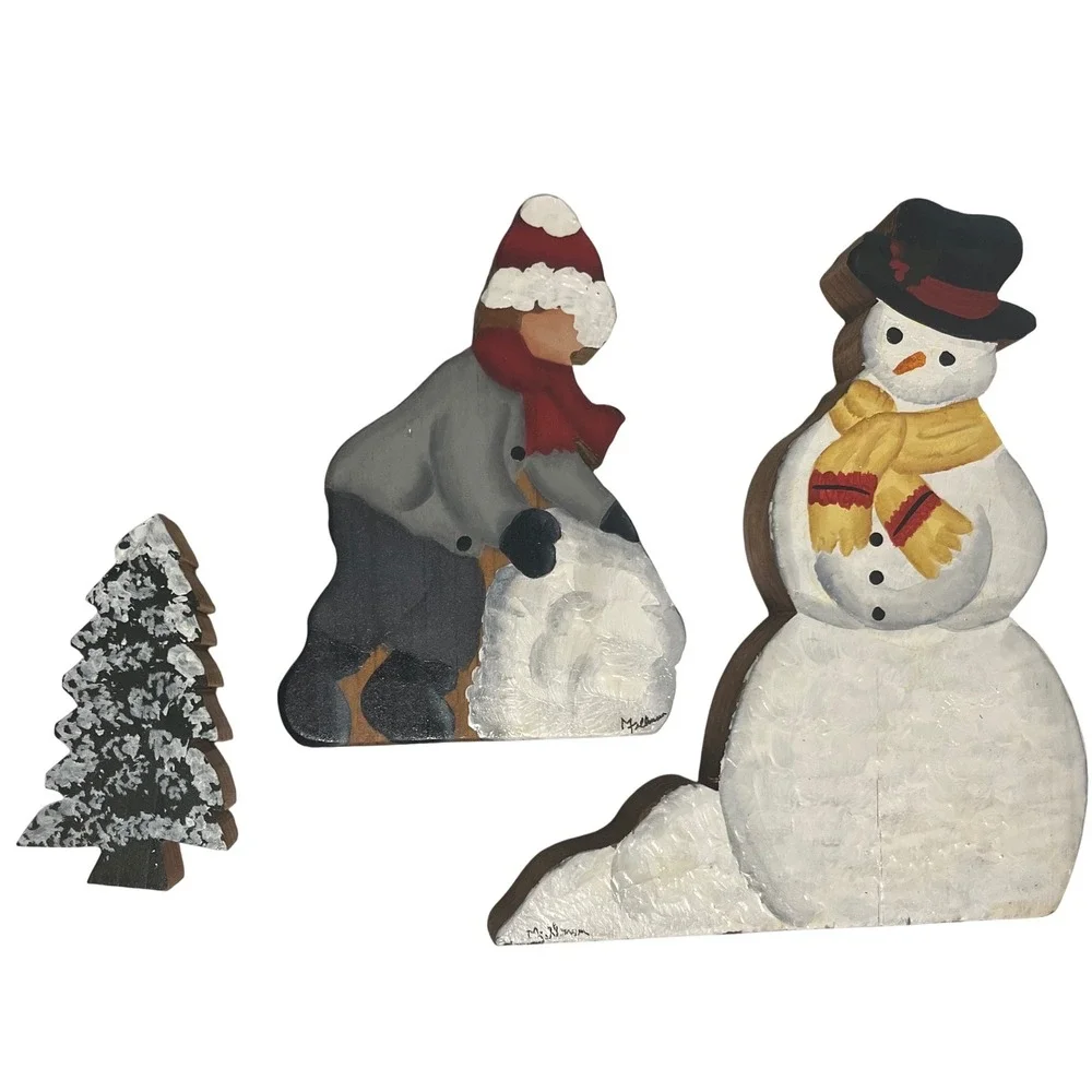 Hand painted‎ signed 6 piece wood Winter scene Snowman children Winter decor